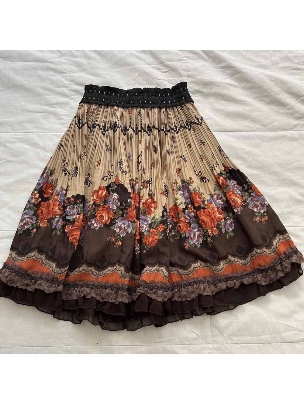 Axes Femme Beige Brown Floral Border Print Pleated Skirt Size M Japan